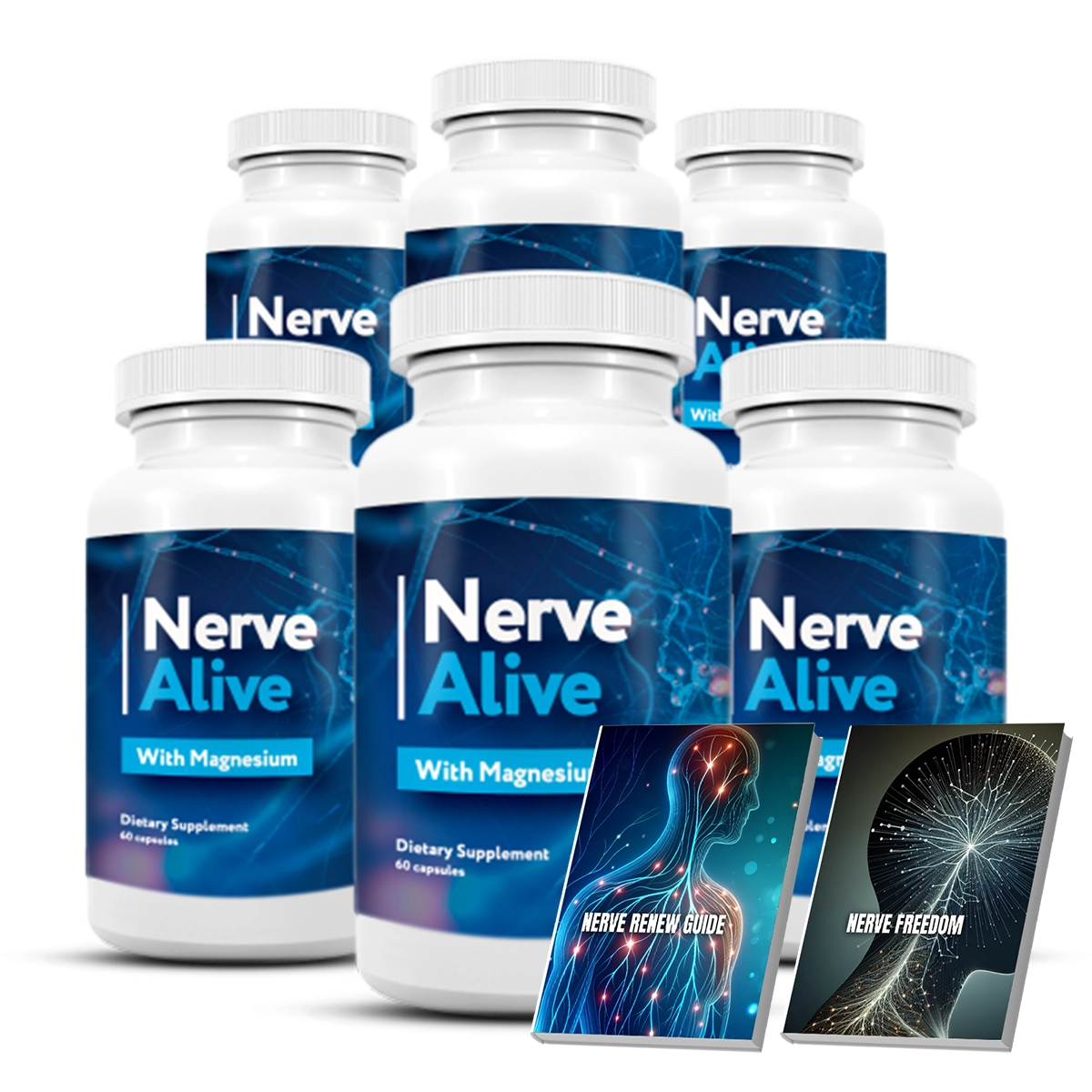 Nerve Alive 6 bottle best value bundle — 180-day supply with 2 free bonus guides Nerve Renew Guide and Nerve Freedom plus free US shipping