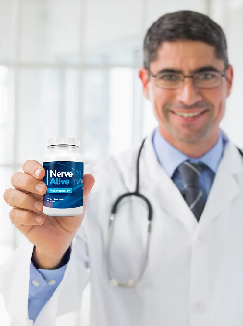 Doctor recommending Nerve Alive — expert-formulated natural nerve health supplement made in the USA in an FDA-registered facility